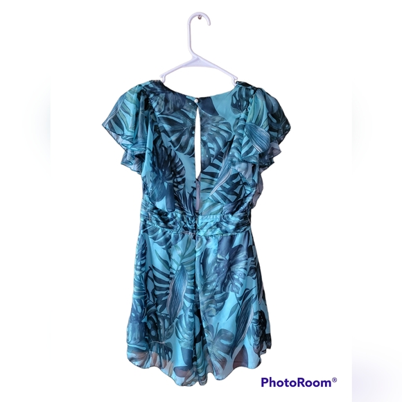 Green blue floral tropical summer vacation dress romper medium - Picture 2 of 5